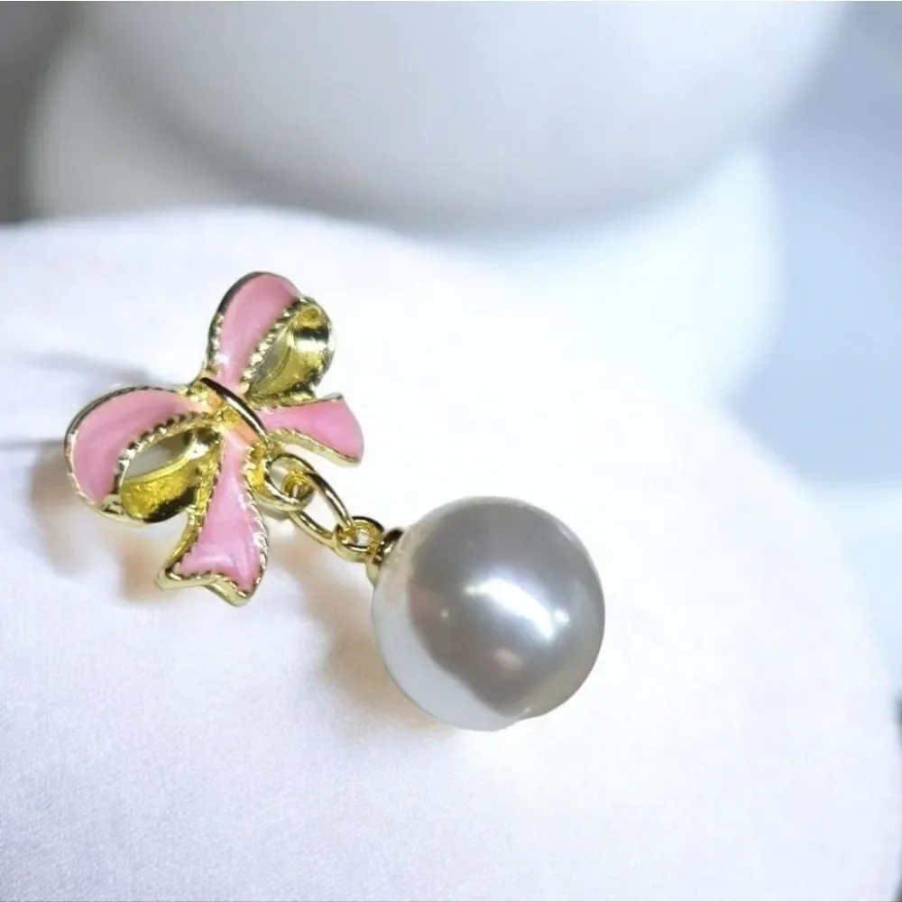Pink Bow Pearl Drop Earrings Gold Coquette Feminine Preppy Romantic Stud Jewelry